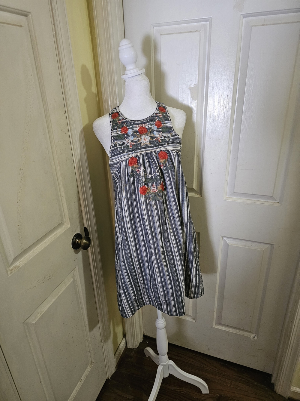 THML Blue and White Striped Midi Dress with Red Floral Embroidery